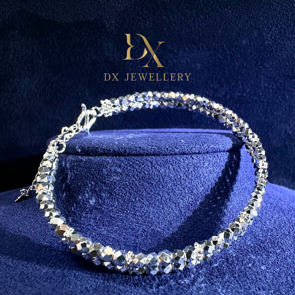 999 Pure Silver Double Line Disco Bead Flexi Bangle | DXAGBB2602023