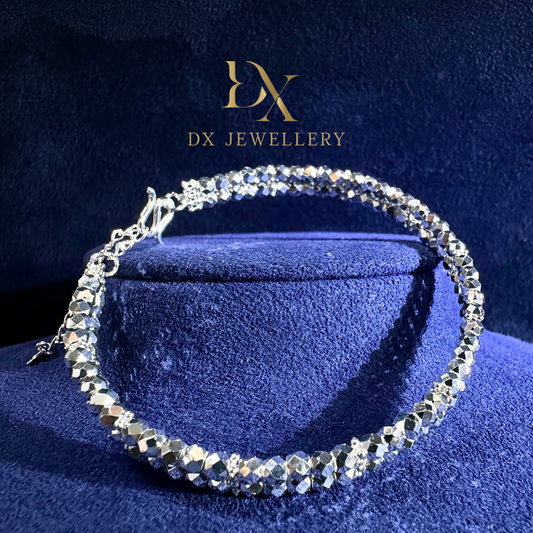 999 Pure Silver Double Line Disco Bead Flexi Bangle | DXAGBB2602023