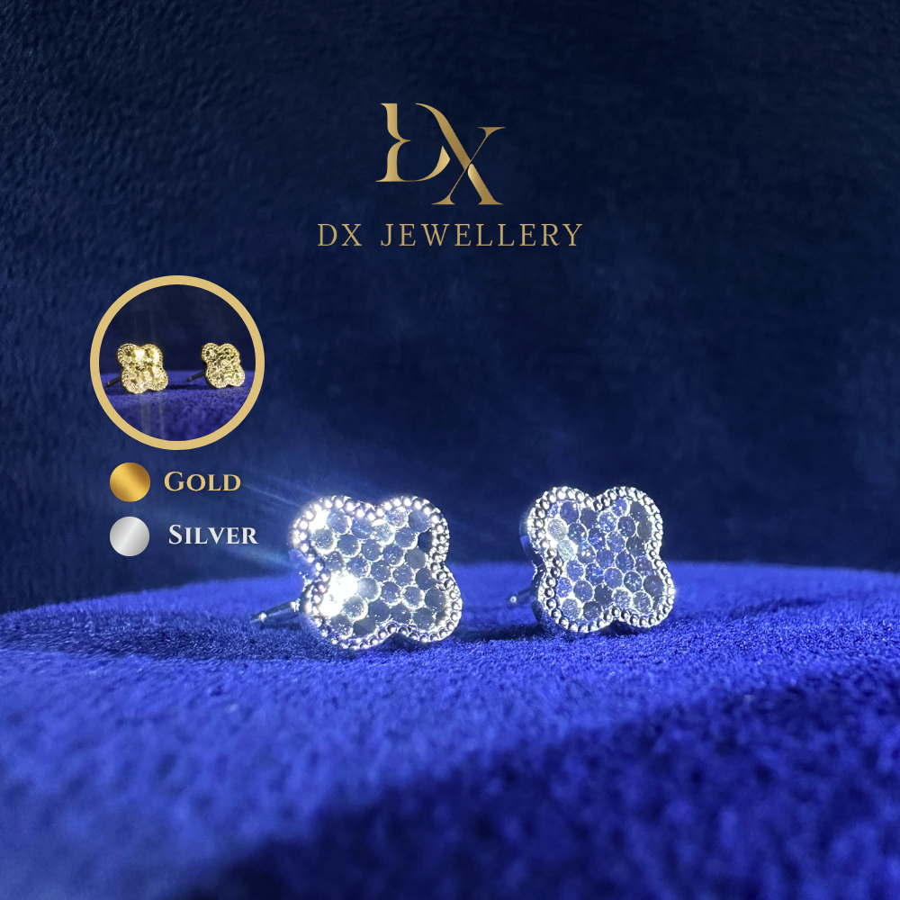 999 Pure Silver Crushed Ice Four Leaf Earring Ear Studs | DXAGER2604033 | DXAGER2604034