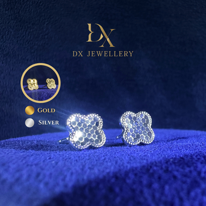 999 Pure Silver Crushed Ice Four Leaf Earring Ear Studs | DXAGER2604033 | DXAGER2604034