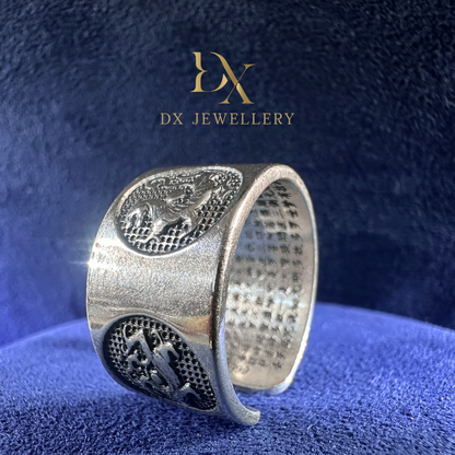 999 Pure Silver Dragon Heart Sutra Ring Open End Adjustable Vintage Style