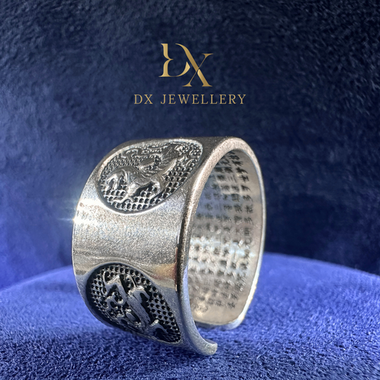 999 Pure Silver Dragon Heart Sutra Ring Open End Adjustable Vintage Style