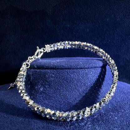 999 Pure Silver Double Line Disco Bead Flexi Bangle | DXAGBB2602023
