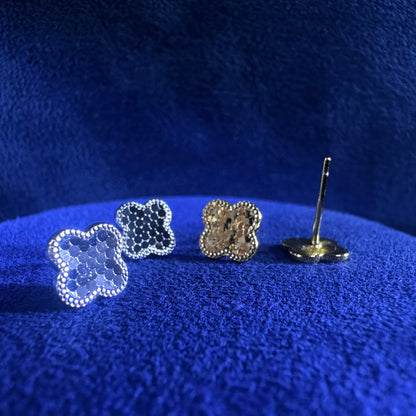 999 Pure Silver Crushed Ice Four Leaf Earring Ear Studs | DXAGER2604033 | DXAGER2604034