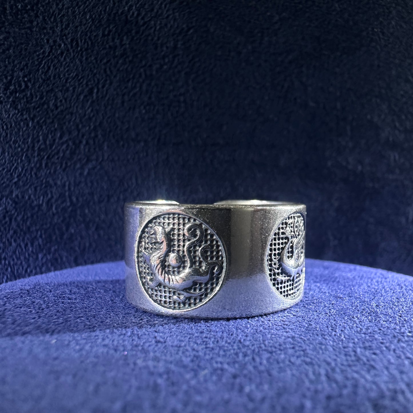 999 Pure Silver Dragon Heart Sutra Ring Open End Adjustable Vintage Style