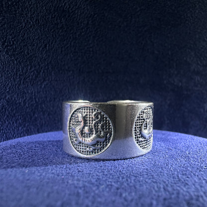 999 Pure Silver Dragon Heart Sutra Ring Open End Adjustable Vintage Style