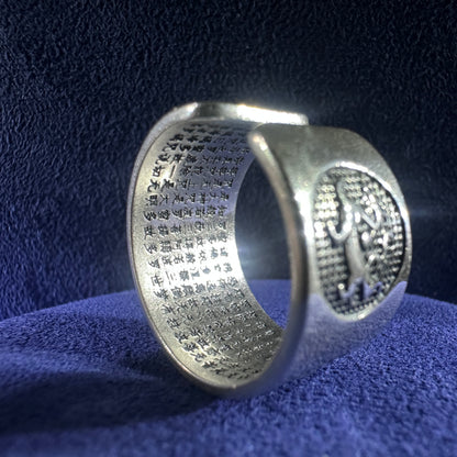 999 Pure Silver Dragon Heart Sutra Ring Open End Adjustable Vintage Style