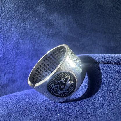 999 Pure Silver Dragon Heart Sutra Ring Open End Adjustable Vintage Style