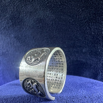 999 Pure Silver Dragon Heart Sutra Ring Open End Adjustable Vintage Style